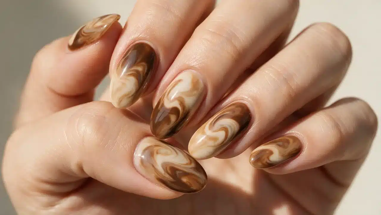 espresso milk swirl nails with brown cream marble nail design