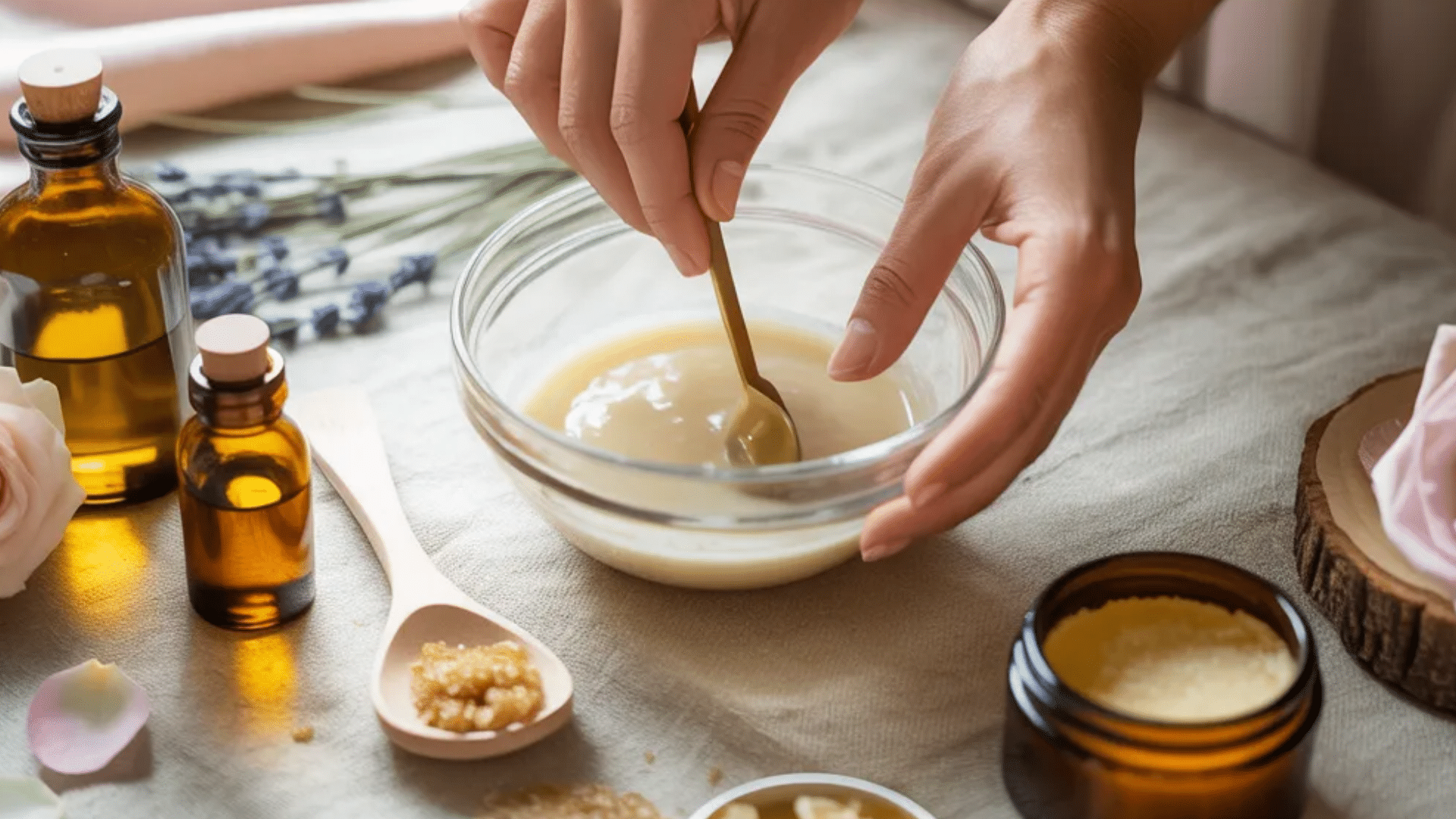 essential oil drops being added to fermented rice water mixture for hair care routine