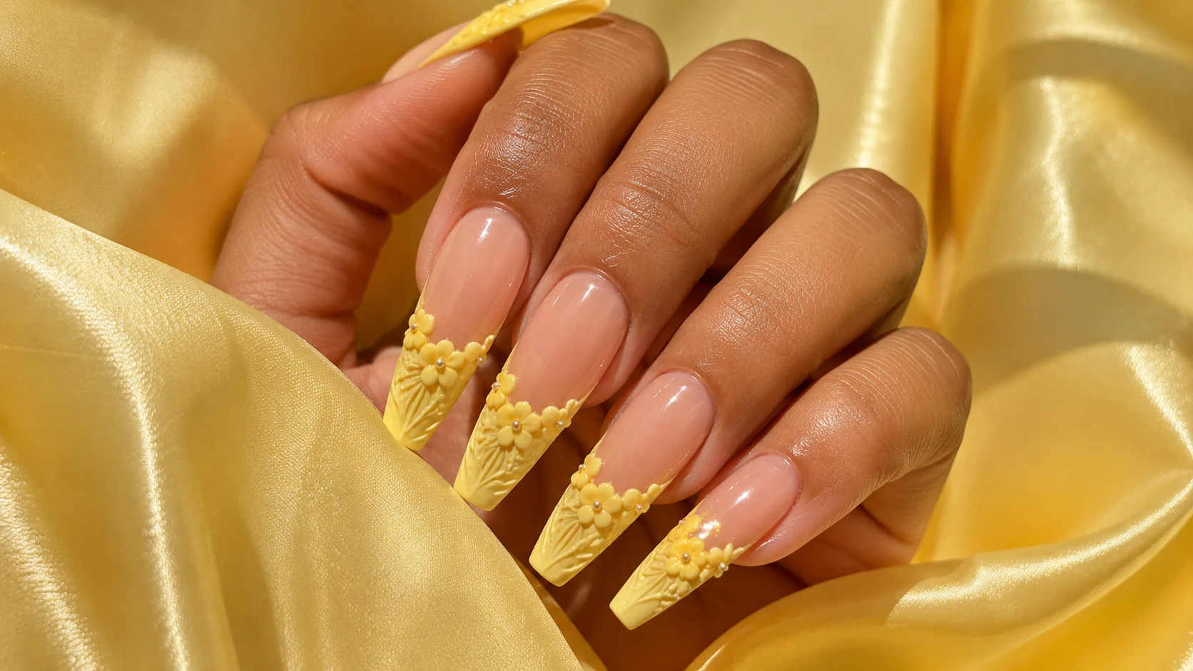 extra long coffin yellow french tip nails with 3d gel floral accents and glossy finish