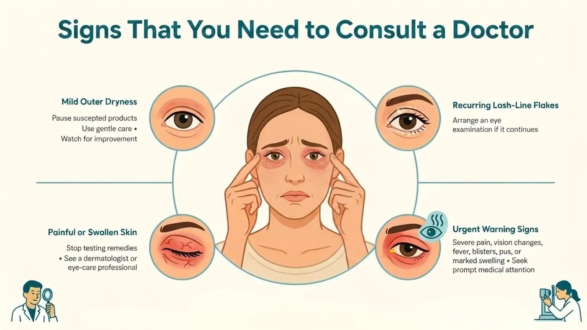 eyelid irritation symptoms with warning signs showing dryness swelling flakes and eye discomfort