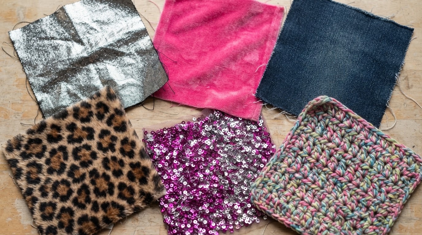 fabric samples in metallic velvet denim leopard print sequins and multicolored knit textures
