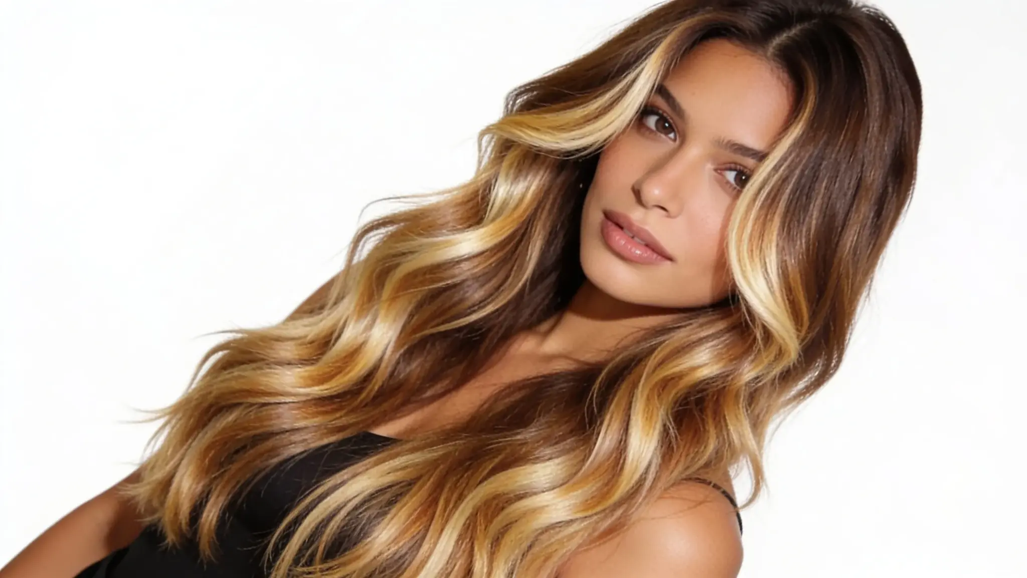 face framing balayage with bright blonde highlights on long brown hair with soft waves