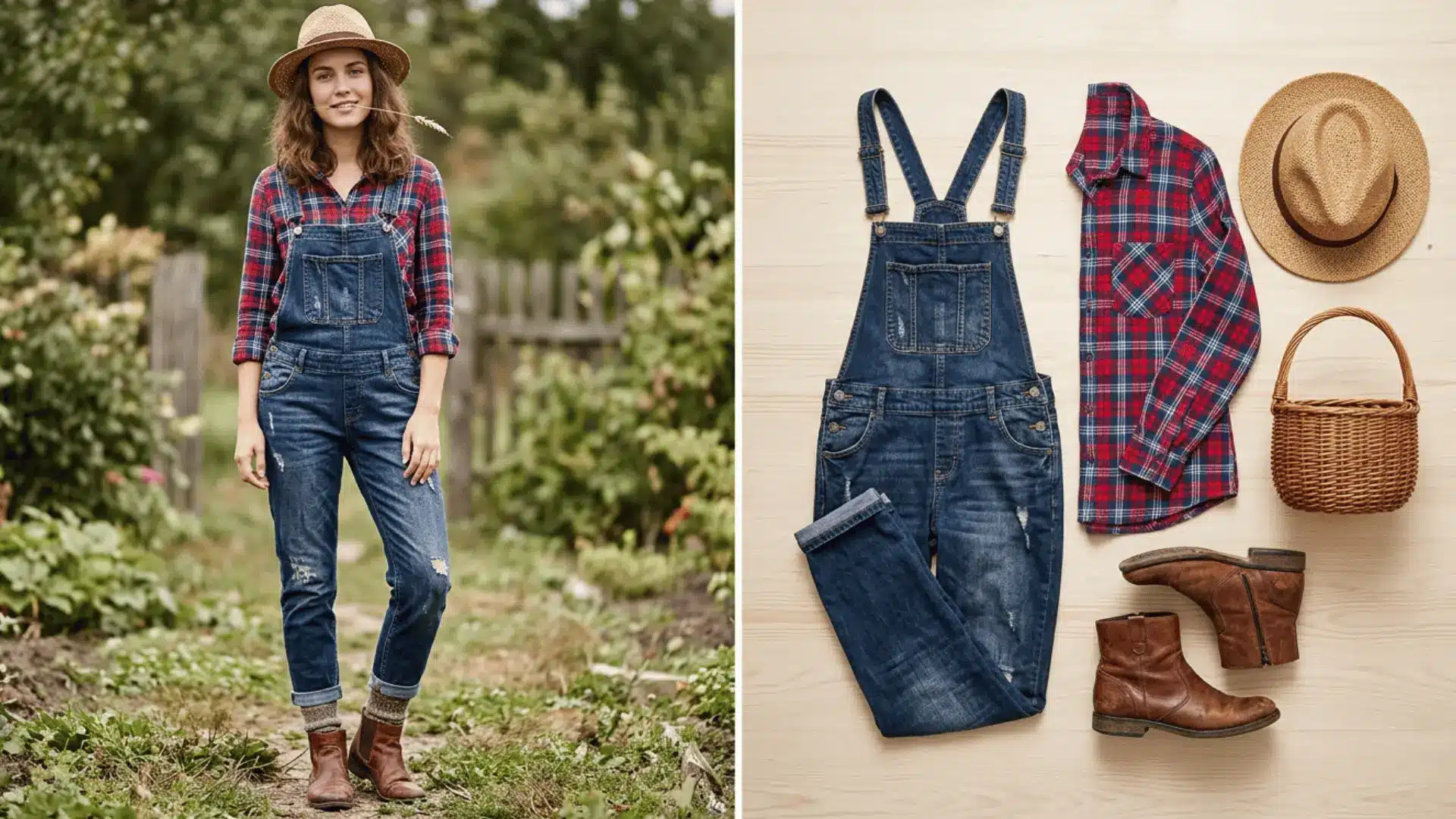 Farmer costume with denim overalls, plaid shirt, straw hat, and boots
