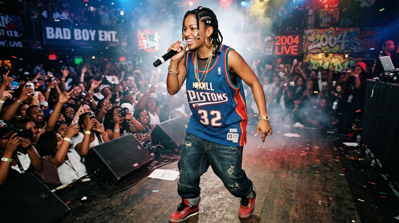 female rapper in a basketball jersey and baggy jeans performing before a crowded audience