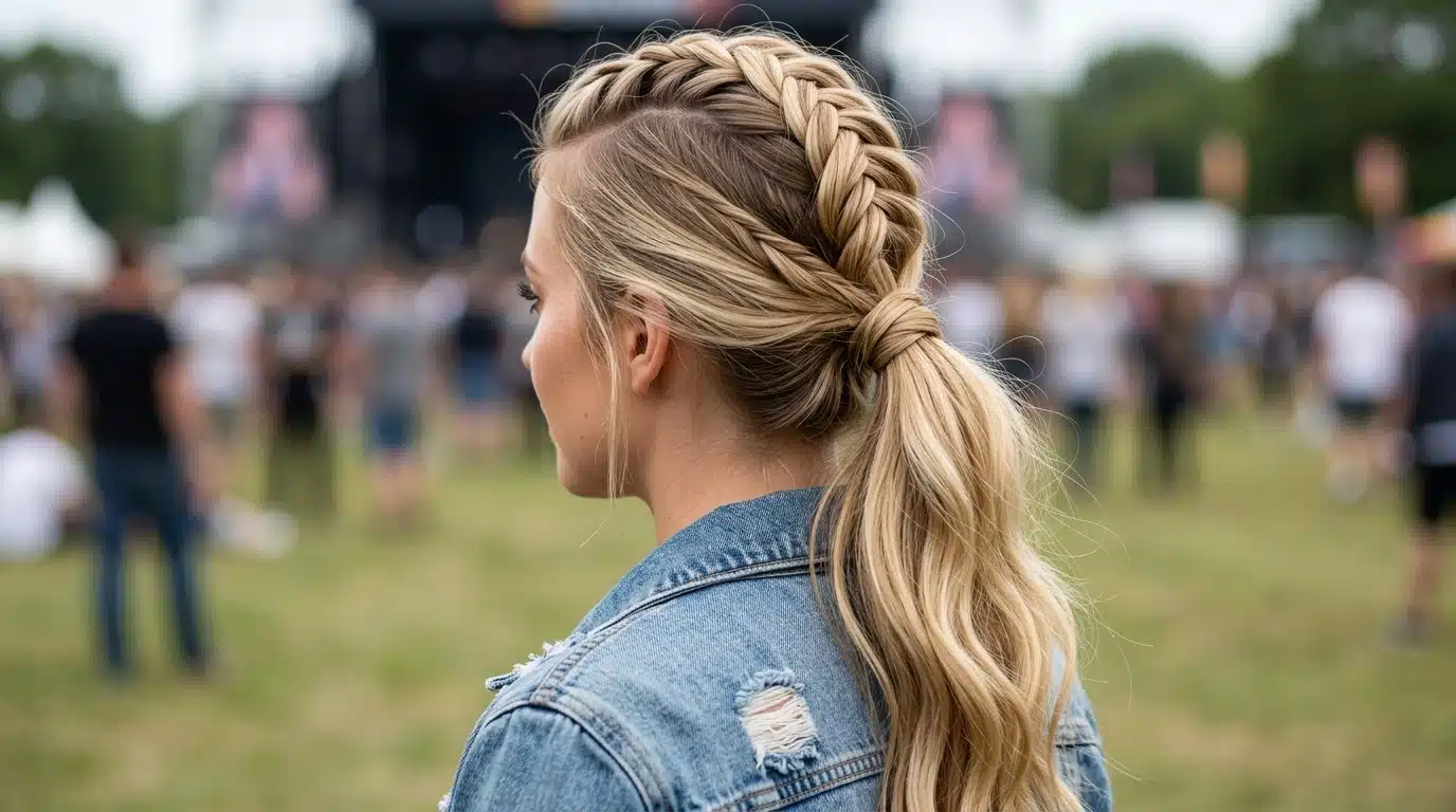 fishtail mohawk ponytail hairstyle with center braid flowing into ponytail