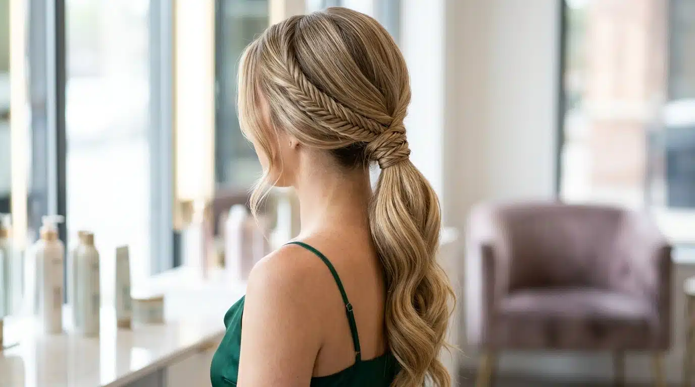 fishtail wrapped ponytail hairstyle with braided detail around hair base