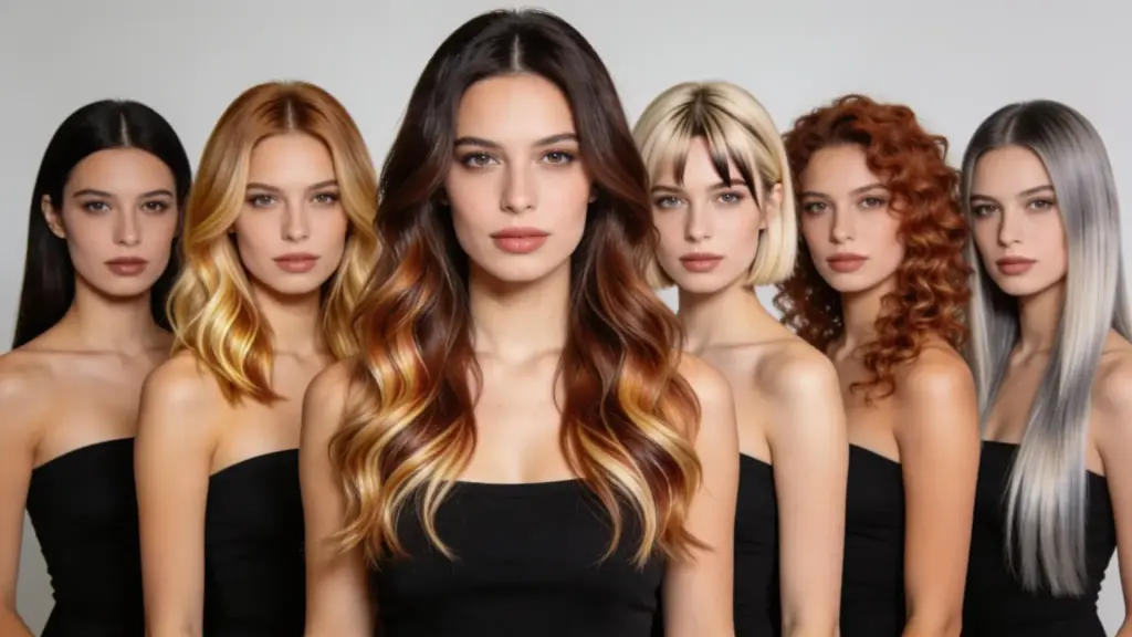 five models showcasing different balayage hair colors and styles in a beauty photoshoot