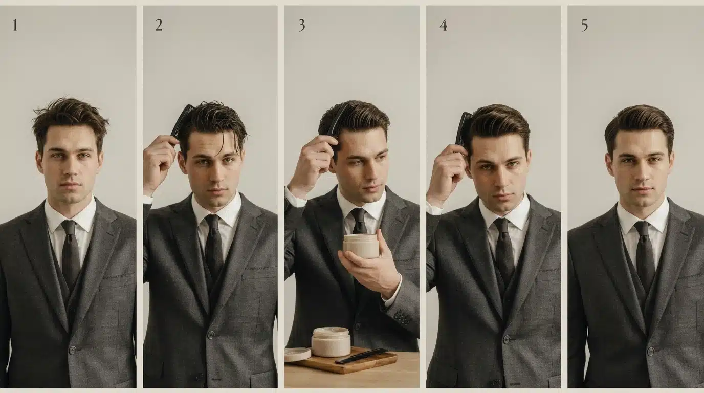 five step 1930s hairstyle transformation from messy morning hair to a neat polished vintage style