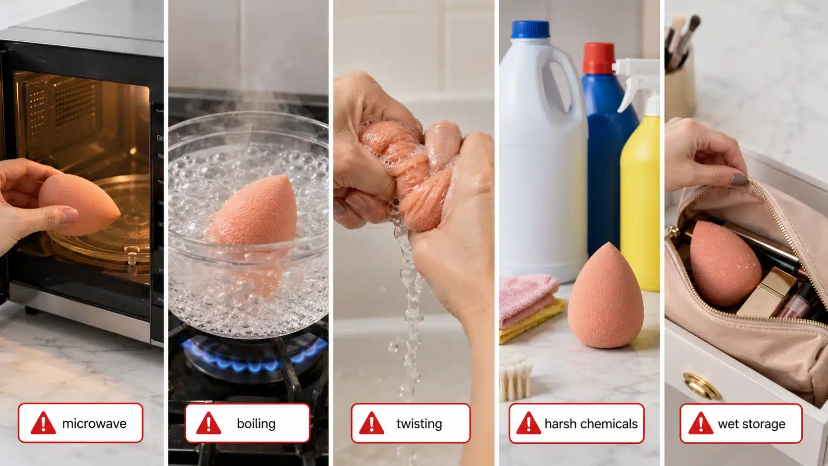 five warnings showing unsafe makeup sponge cleaning with heat chemicals twisting and wet storage