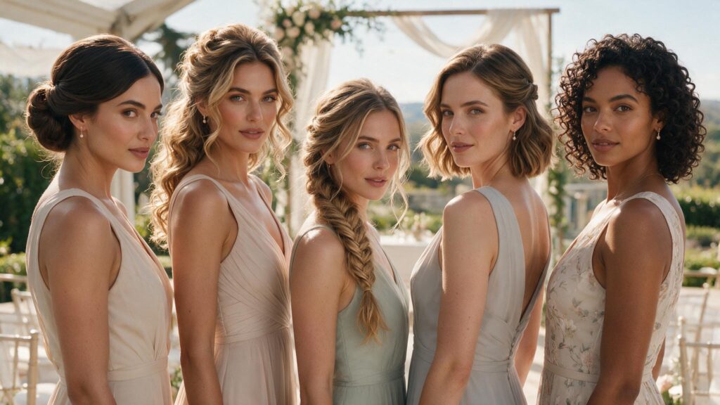 five wedding guests in a v formation showing different formal hairstyles for varied hair lengths