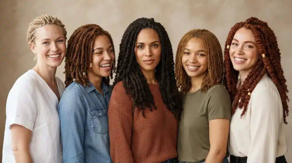 five white women in v formation with different kinky twist hairstyles and natural skin texture