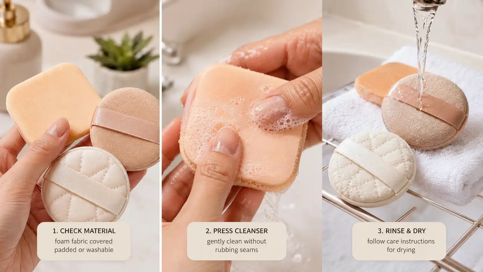 flat makeup sponges and cosmetic puffs are gently washed rinsed and left to air dry safely
