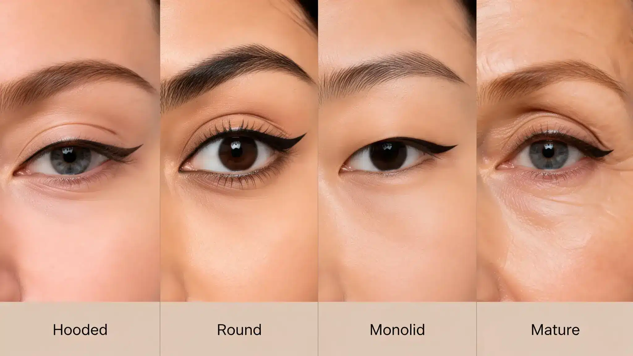 four eye shapes showing winged eyeliner styles for hooded round monolid and mature eyes