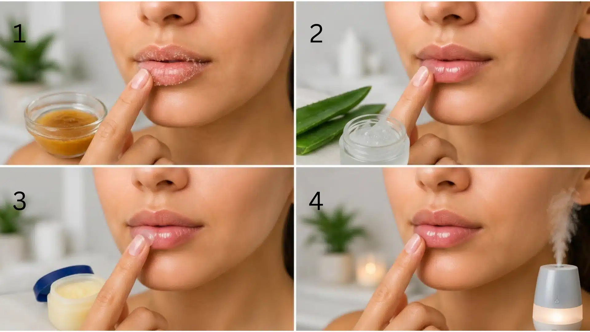 four step chapped lips care routine showing exfoliation hydration ointment and overnight lip repair steps