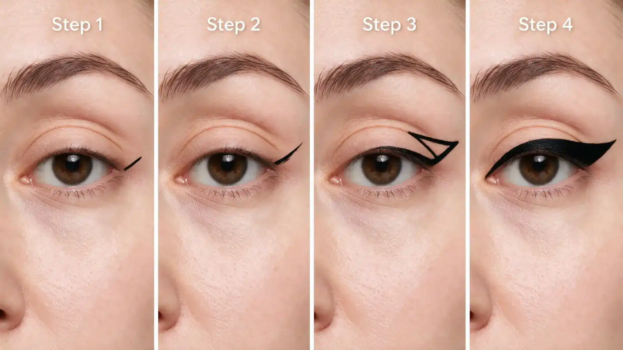four step close up showing how to draw and fill a clean black winged eyeliner look clearly