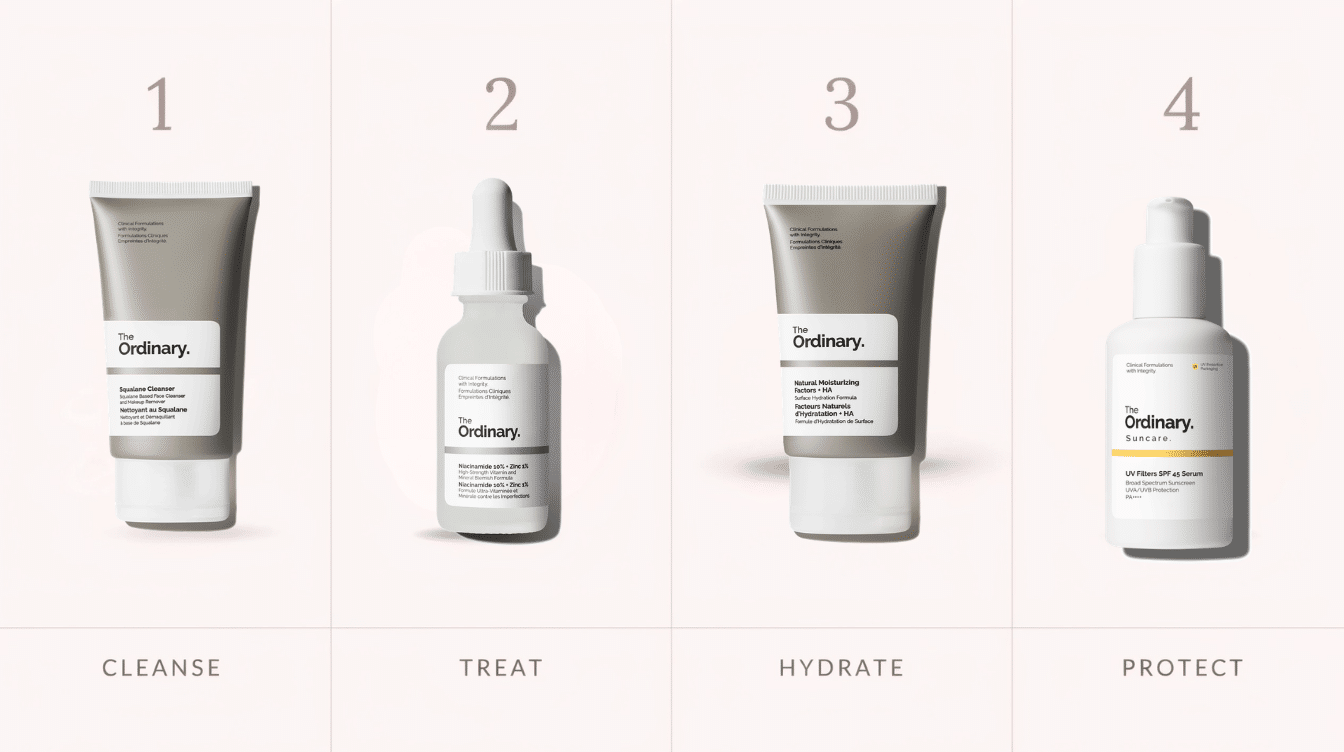 four step morning skincare routine with cleanser treatment moisturizer and sunscreen