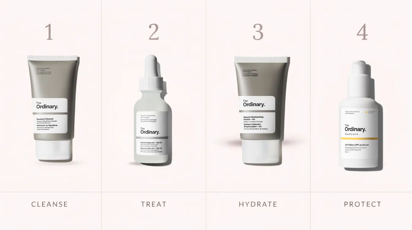 four step morning skincare routine with cleanser treatment moisturizer and sunscreen