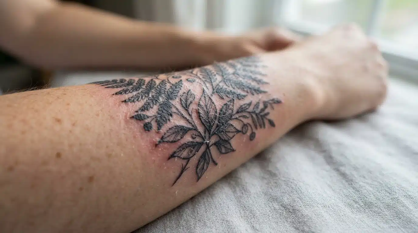 fresh tattoo with floral design showing mild redness during healing process