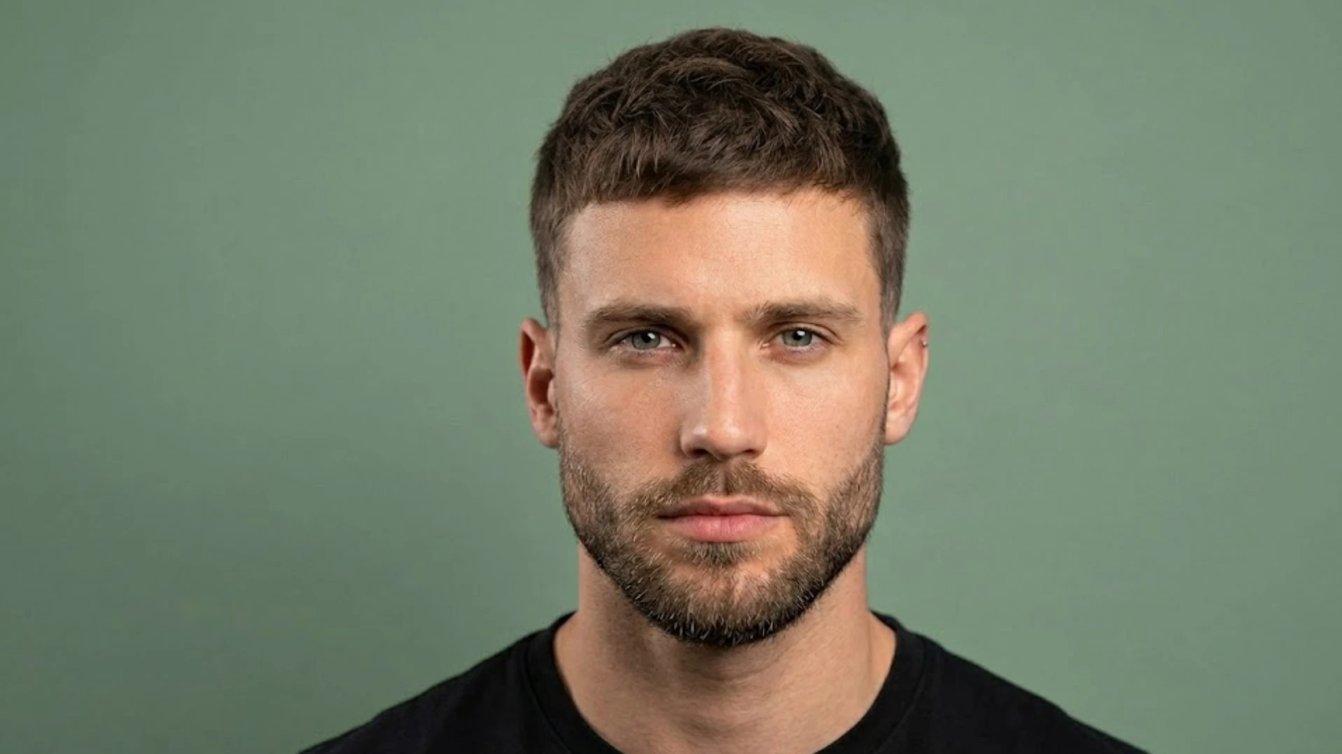 Front-facing portrait of a man with a short textured crop haircut and groomed beard against a green background