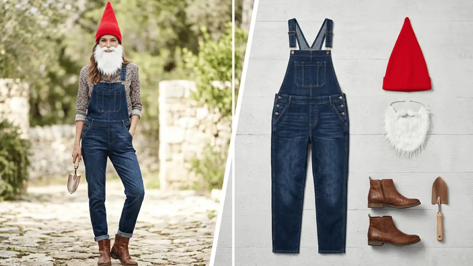 Garden gnome costume with overalls, red pointed hat, white beard, and shovel