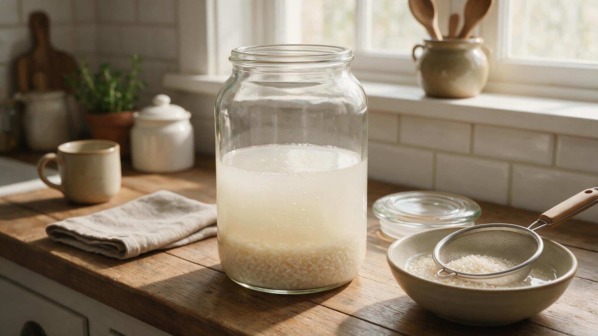 glass jar of fermenting rice water with rice grains and bubbles showing hair care preparation method
