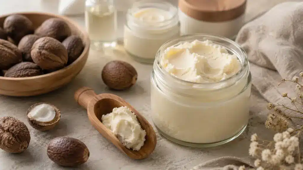 glass jar of shea butter with african shea nuts and skincare tools on a clean wooden surface