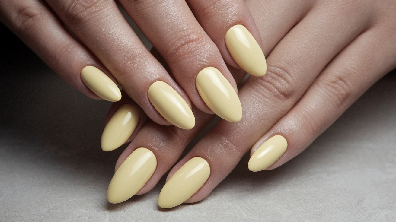 glossy butter yellow almond nails with a smooth solid gel finish in natural salon lighting