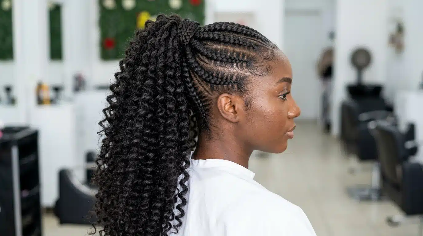 goddess braid ponytail with thick scalp braids and loose curly ends