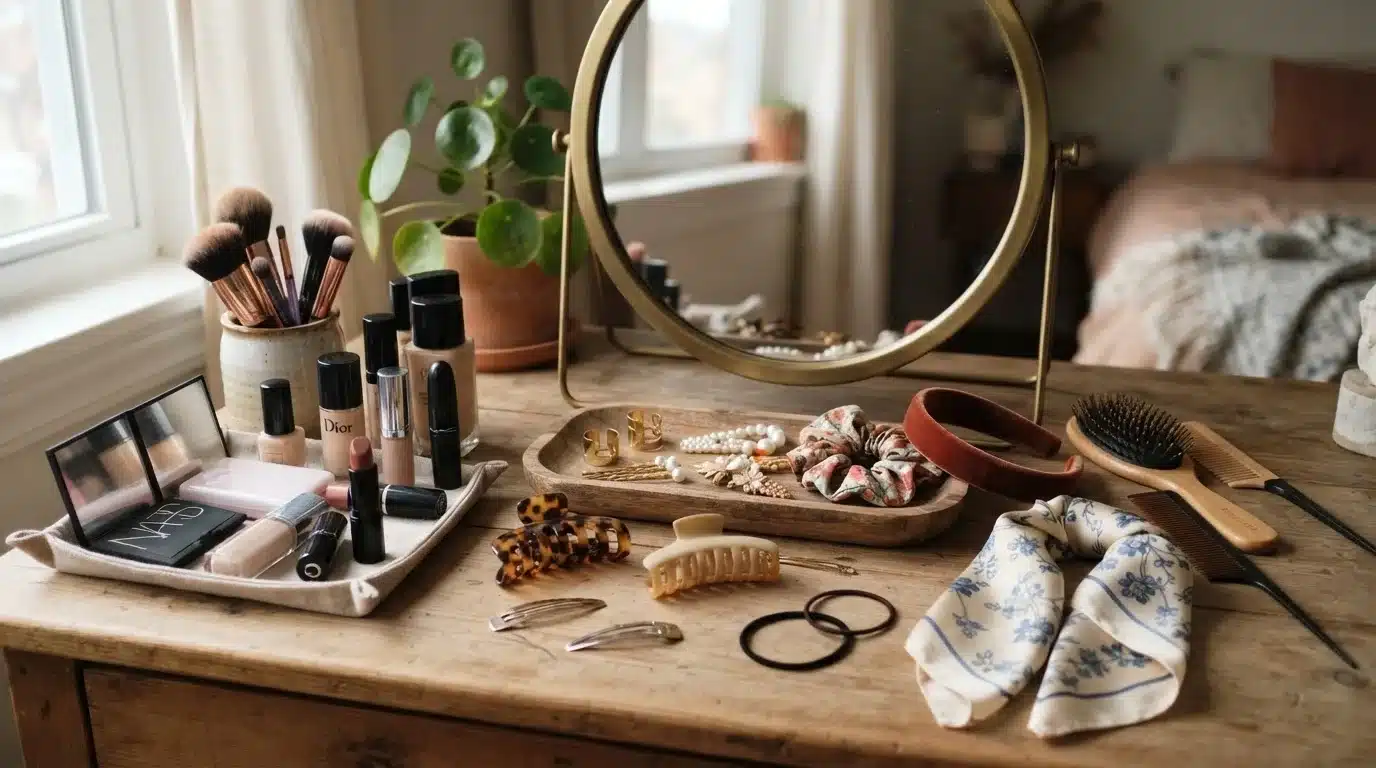 hair accessories arranged on a simple makeup room vanity with beauty item