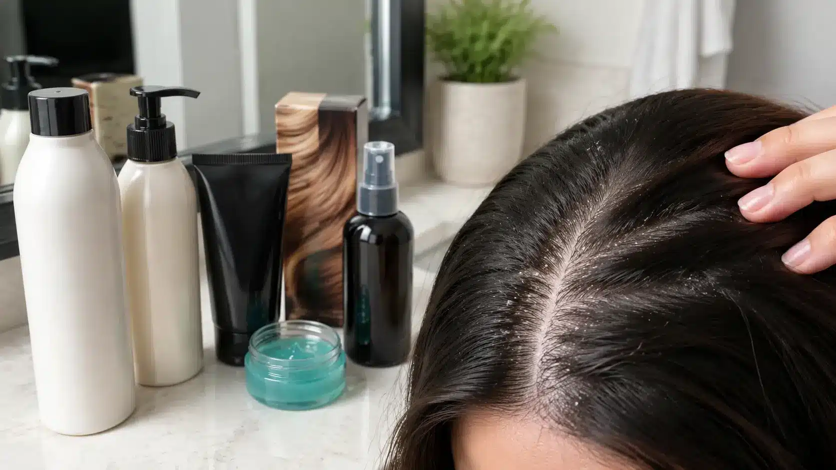 hair products beside a mildly irritated scalp with flakes