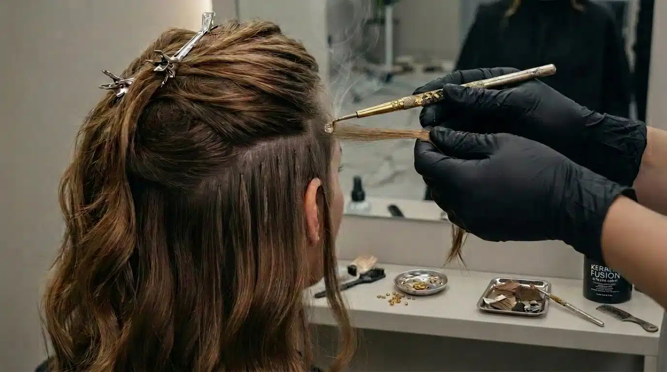 hair professional applying keratin fusion extensions with small bonded strands on sectioned natural hair