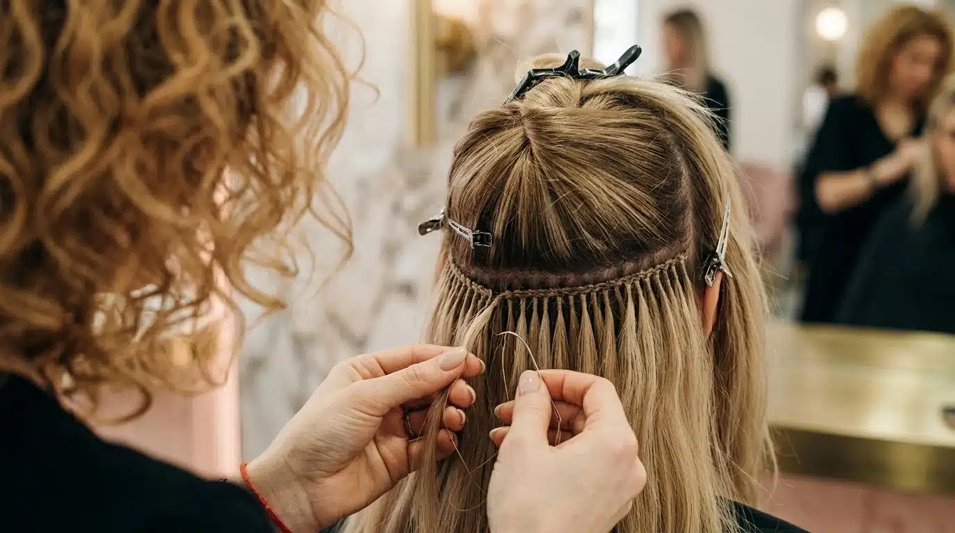 hair professional applying sew in hair extensions during salon installation with loose sectioned natural hair