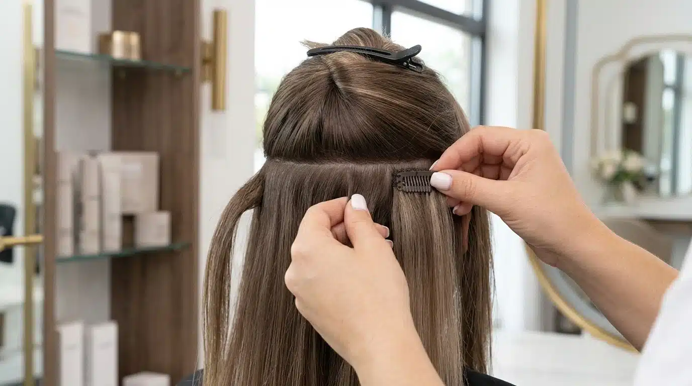 hair professional attaching clip in extensions by hand on sectioned natural hair in salon setting