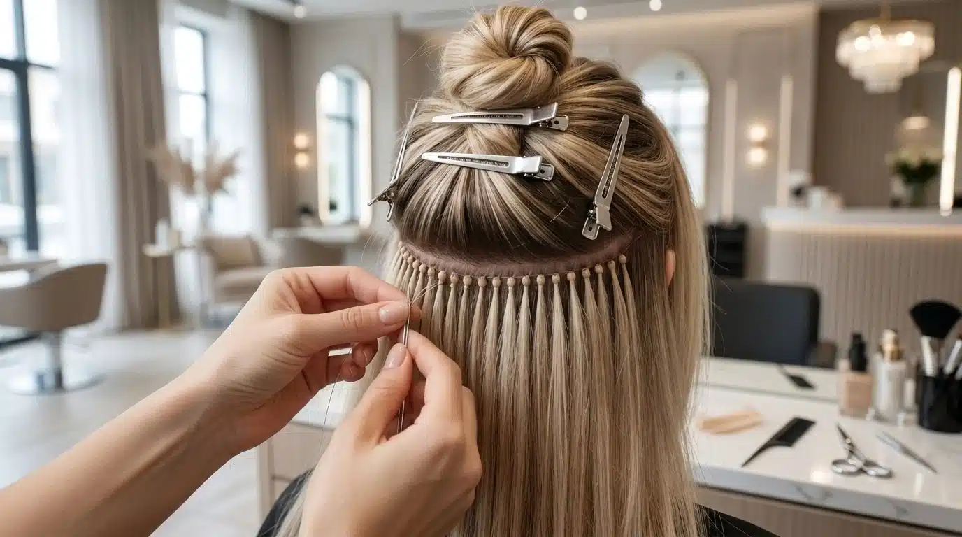 hair professional installing hand tied weft extensions with beaded row method on sectioned natural hair