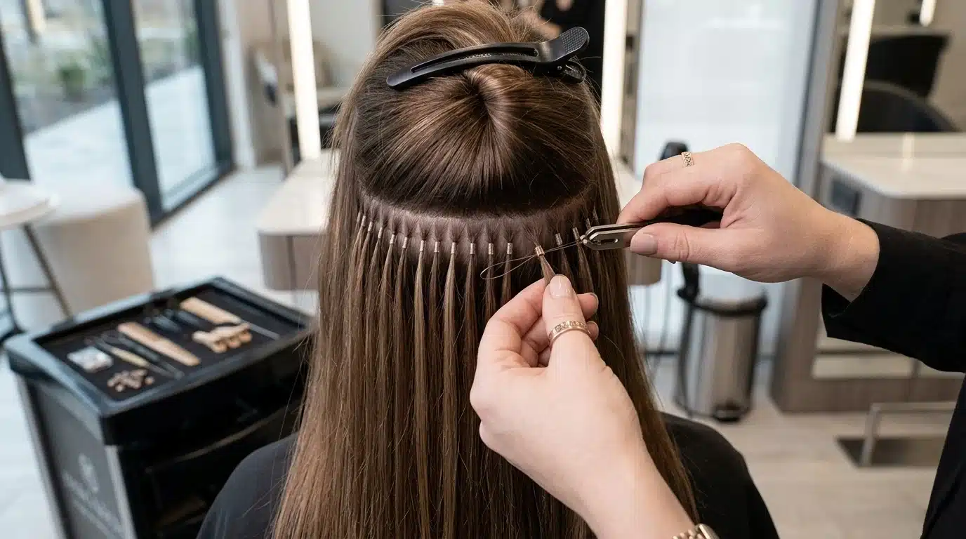 hair professional installing micro link itip extensions with metal beads on sectioned natural hair