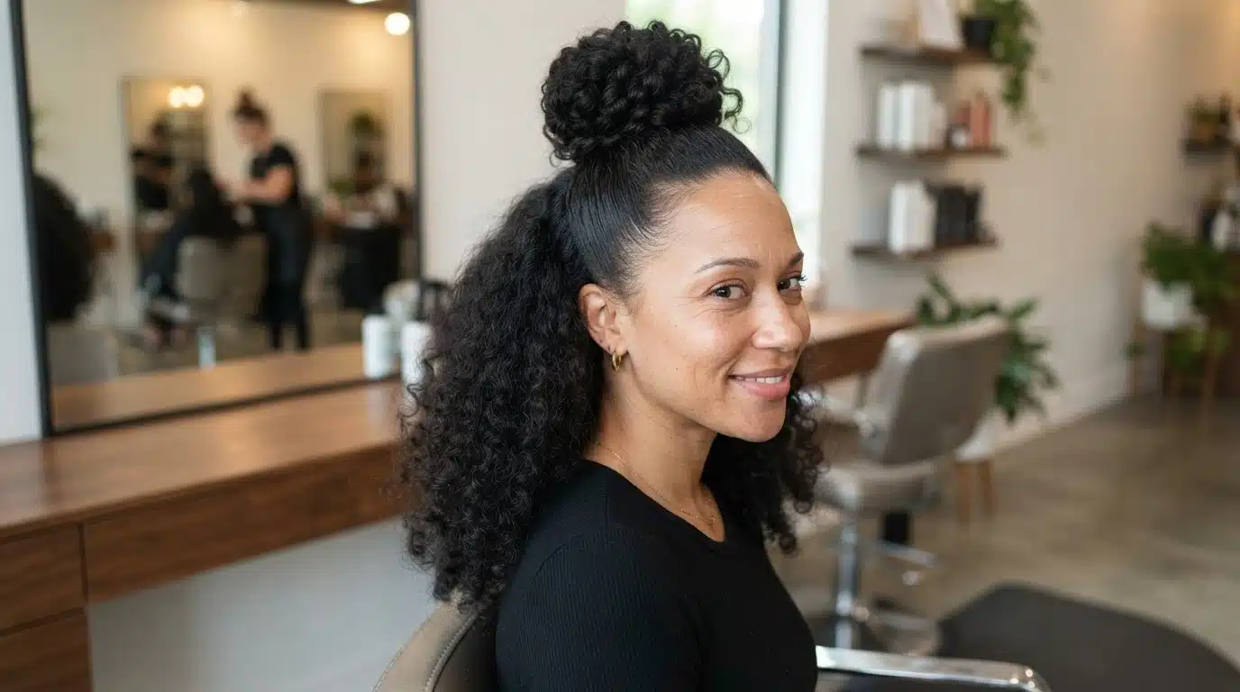 half up top bun with textured curls and black hair in salon