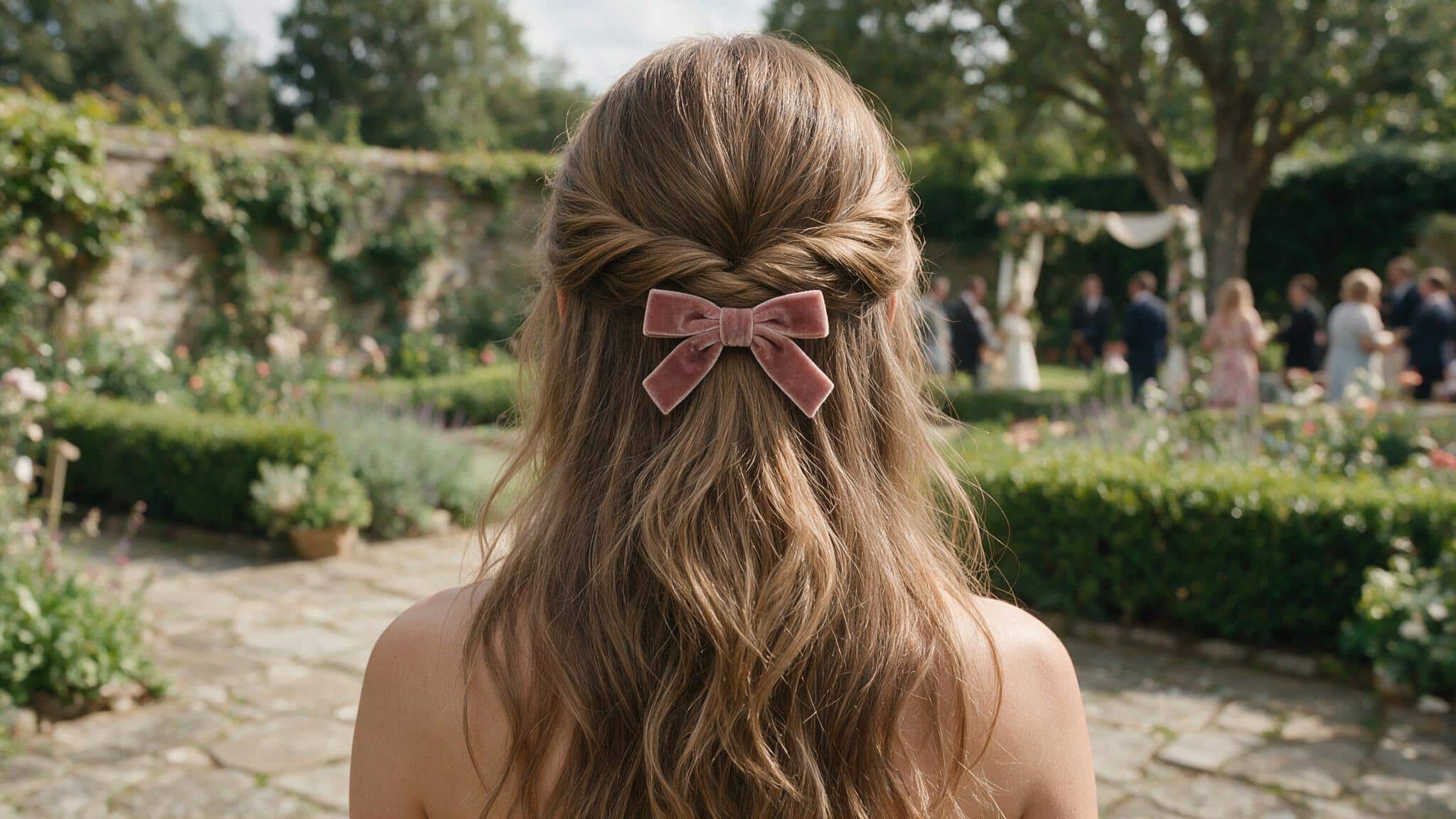 half up wedding guest hairstyle secured with a small bow above soft flowing waves