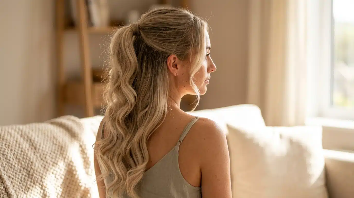 half up ponytail hairstyle with tied top section and flowing loose hair