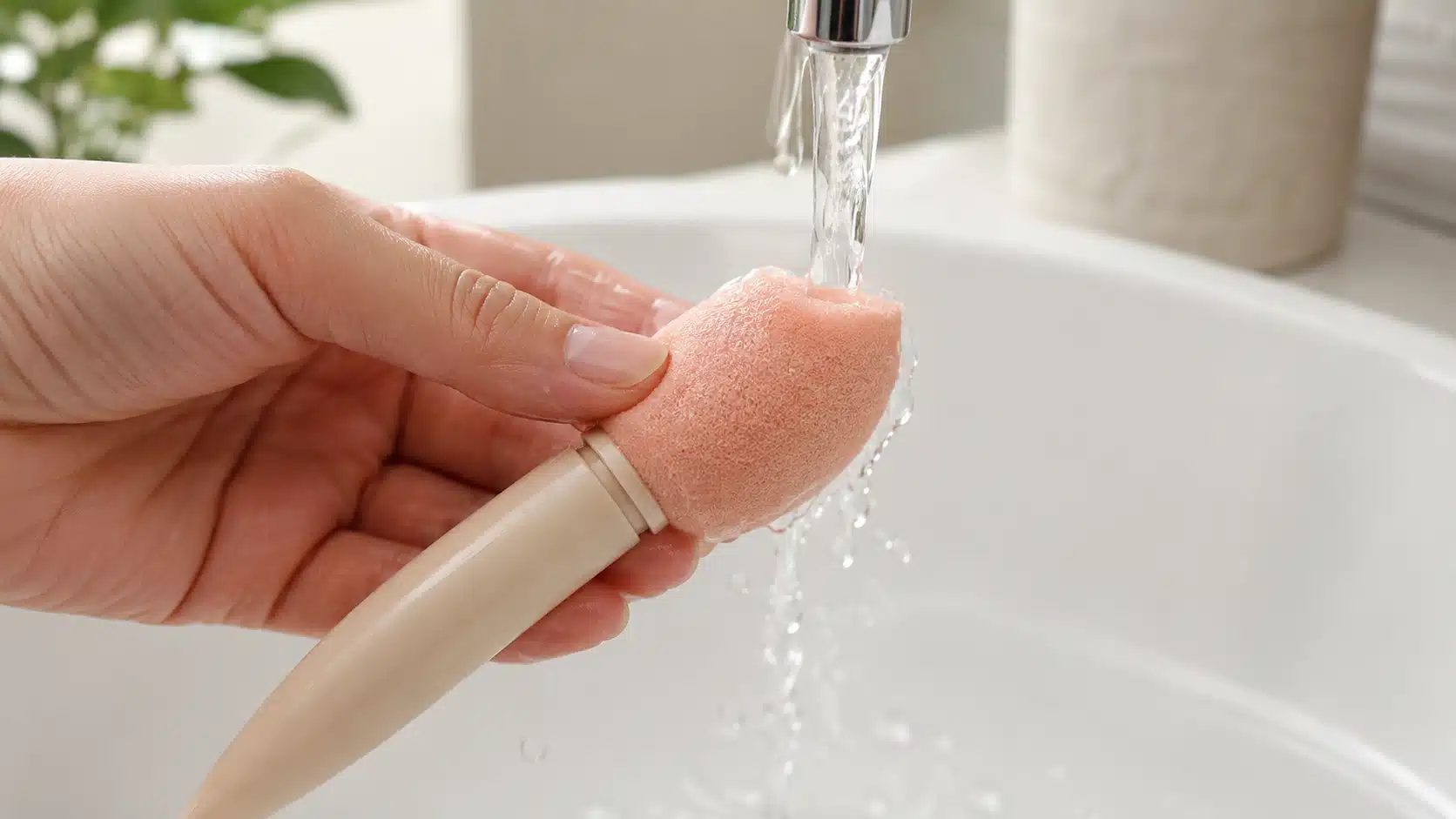 hand gently rinsing a pink makeup sponge with handle under running water at a clean sink