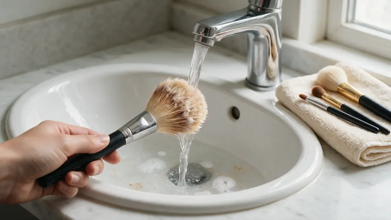 hand rinsing makeup brush bristles under lukewarm running water