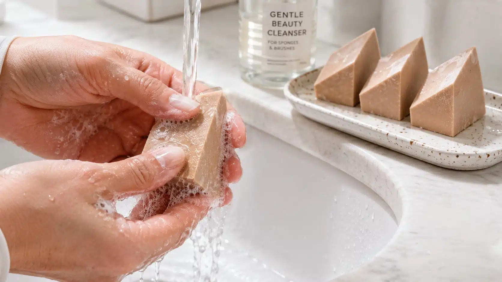 hands gently clean a reusable wedge makeup sponge under running water beside clean sponges