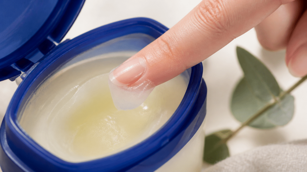 hands taking petroleum jelly from a small cosmetic container during a skincare routine with close up view