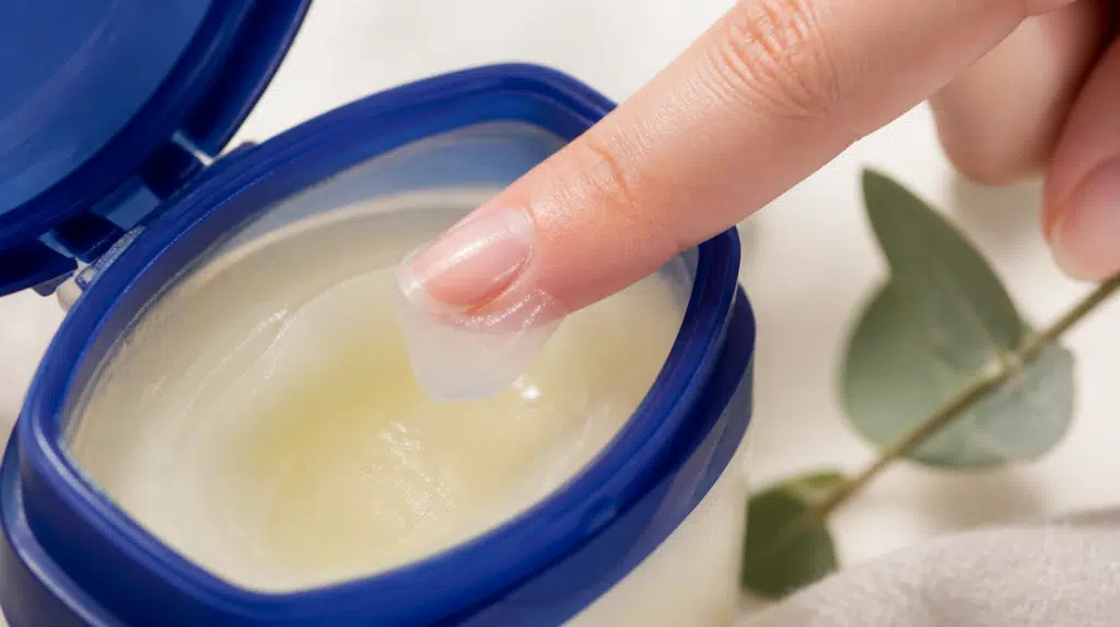 hands taking petroleum jelly from a small cosmetic container during a skincare routine with close up view
