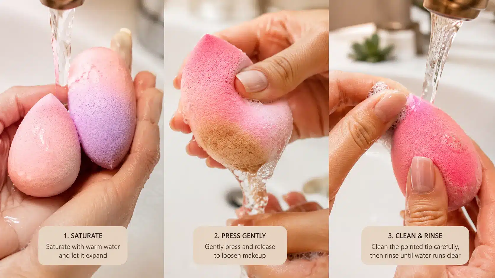 hands wash pink and purple makeup sponge under warm water with gentle pressing and rinsing