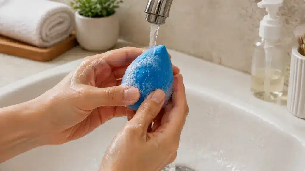 hands washing blue beauty blender sponge under running water with cleanser in bathroom sink
