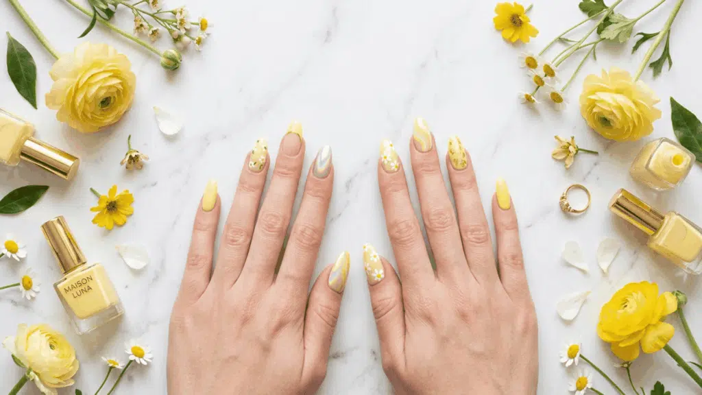Hands with trendy butter yellow nail designs featuring floral, French tip, and glossy manicure ideas
