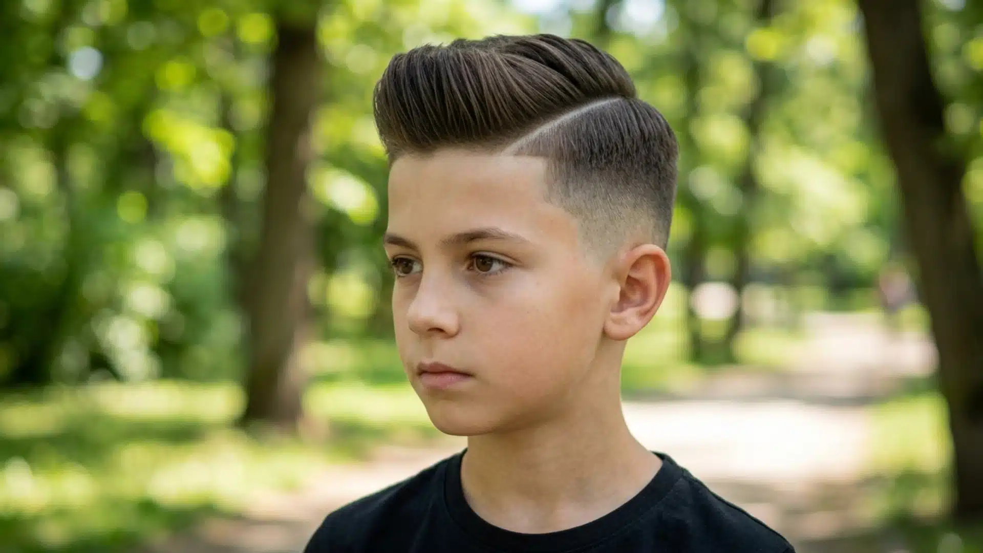 hard part fade haircut with clean shaved side part and textured top hairstyle on young man