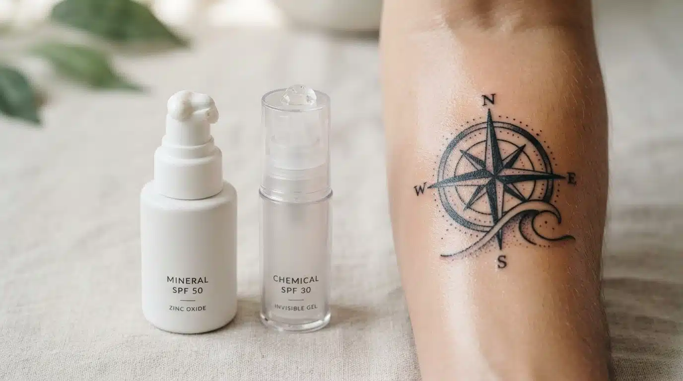 healed tattoo with mineral and chemical sunscreen bottles nearby