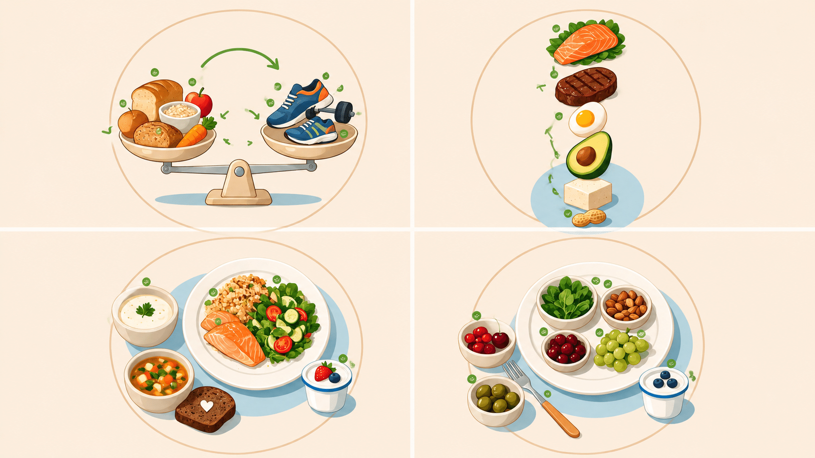 healthy eating infographic showing calorie deficit protein filling foods and smart snacking strategies for fat loss