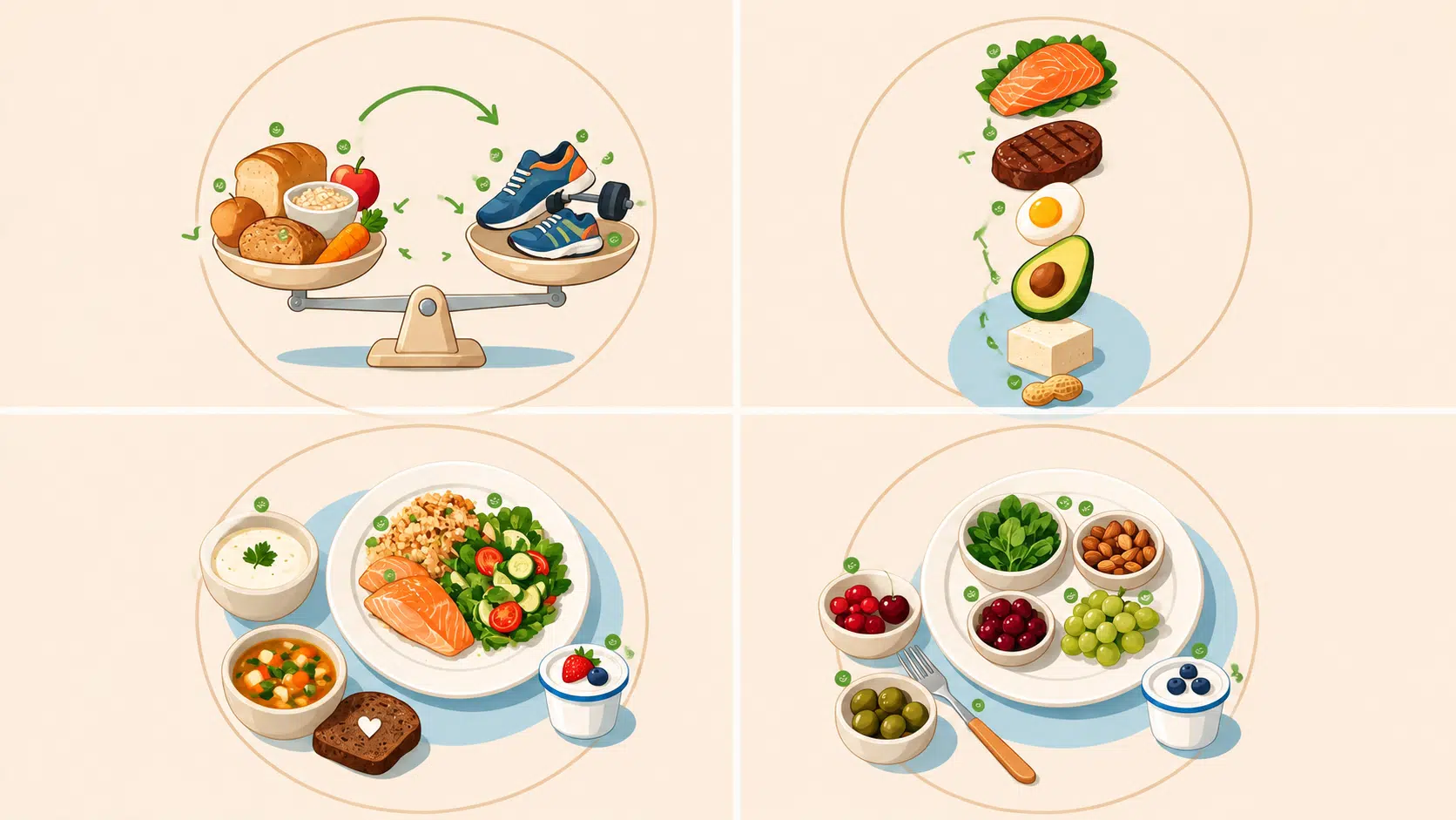 healthy eating infographic showing calorie deficit protein filling foods and smart snacking strategies for fat loss